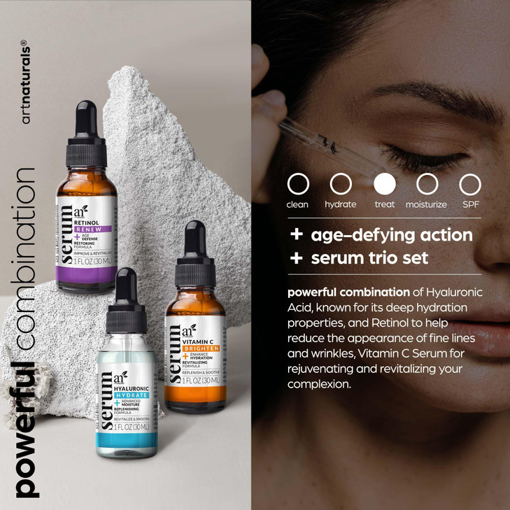artnaturals AntiAgingSet with VitaminC Retinol and HyaluronicAcid 3 x 1 Fl Oz 30ml Serum for Anti Wrinkle and Dark Circl