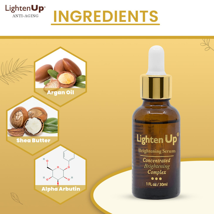 LightenUp Skin brightening Serum 1 Fl oz 30 ml for Face Armpits Hands Knees and Body with Argan Oil and Shea Butter