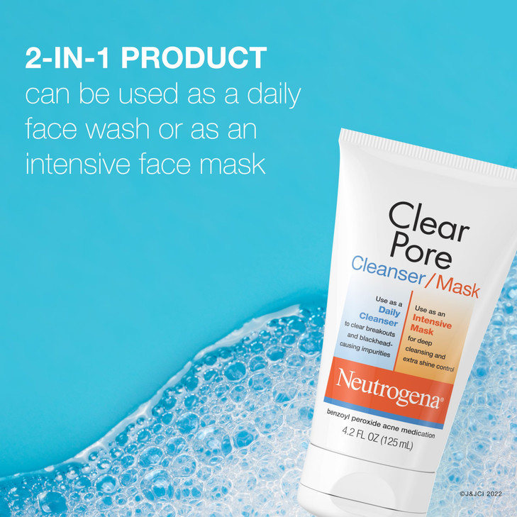 Neutrogena Clear Pore 2 in 1 Facial CleanserFace Mask with Kaolin Bentonite Clay 35 Benzoyl Peroxide Acne Treatment Medi