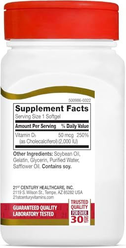 21st Century D3 2000 IU Softgels, 250 Count