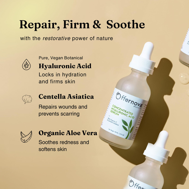 Concentrated Hyaluronic Acid Serum with Vitamin C Centella Asiatica Pure Organic Vegan Ingredients Suero Concentrado de