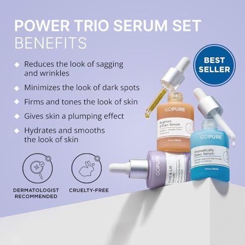 goPure Power Serum Trio Set Radiant Vitamin C Serum Hydrating Hyaluronic Acid Bakuchiol and Retinol for Visibly Brighter