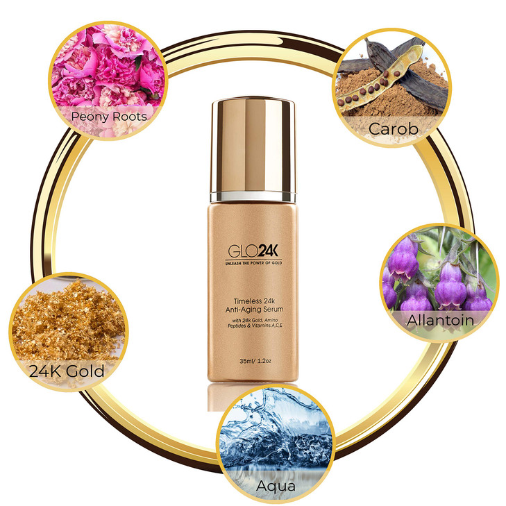 GLO24K Timeless Serum with 24k Gold Peptides and Vitamins ACE A Powerful formula to nourish and revitalize your skin