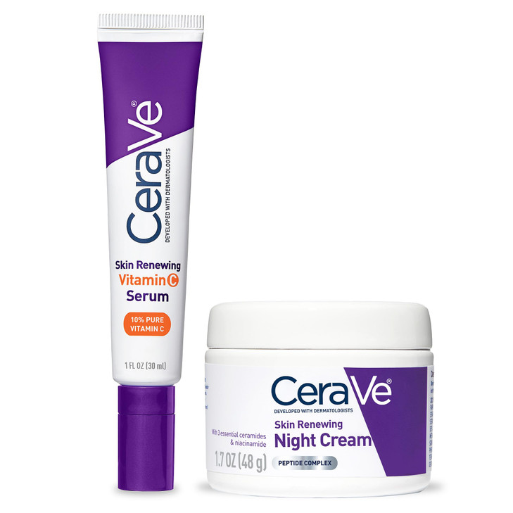 CeraVe Vitamin C Serum and Night Cream Skin Care Set Brightening Serum with 10 Pure Vitamin C Night Moisturizer with Pep