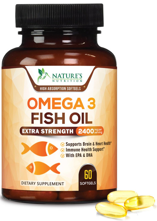 Omega 3 Fish Oil 2400 mg  Triple Strength EPA & DHA Fatty Acids for Heart, Brain & Joint Support  Wild-Caught, Burpless, Lemon Flavor Supplement 