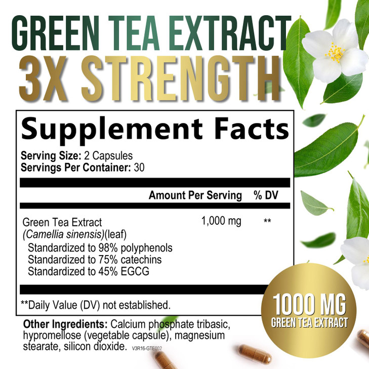 Green Tea Extract Capsules 1000mg - 98% Polyphenols & 45% EGCG for Heart Support with Antioxidants - 3X Absorption Green Tea Pills Supplement for Nat online at globaldelivered