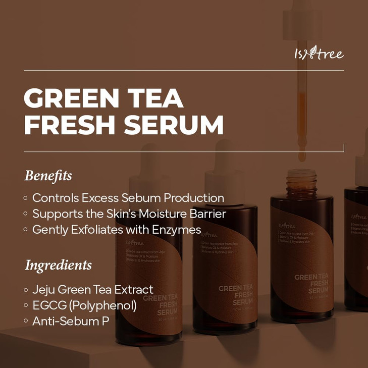 ISNTREE Green Tea Fresh Serum 50ml 169 fl oz Jeju Green Tea Extract Controls Excessive Sebum Balances Oil Moisture Relie