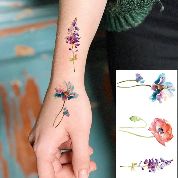 COKTAK 12PiecesLot 3D Watercolor Lavender Flower Temporary Tattoos For Women Body Art Arm Fake Flora Adults TattooSticke