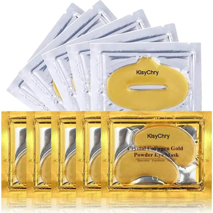 KlsyChry 24K Gold Gel Crystal Collagen Lip and Eye Mask Set 5 Pairs Gold Eye Mask Pads and 5 Pcs Gold Lip Patches for Mo