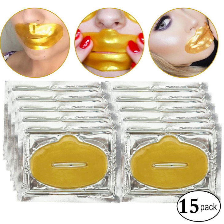 KlsyChry 24K Gold Bio Collagen Crystal Lip Mask Gel Pads for Remove Lines Moisturizing AntiWrinkle AntiAging Nourishing