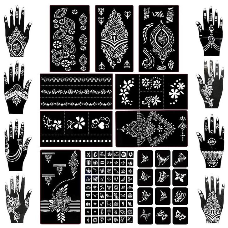 Koogel 18 Sheets 97PCS Henna Tattoo Stencil Kit Reusable Mehndi Templates for Indian Weddings Bridal Mehndi Music Festiv