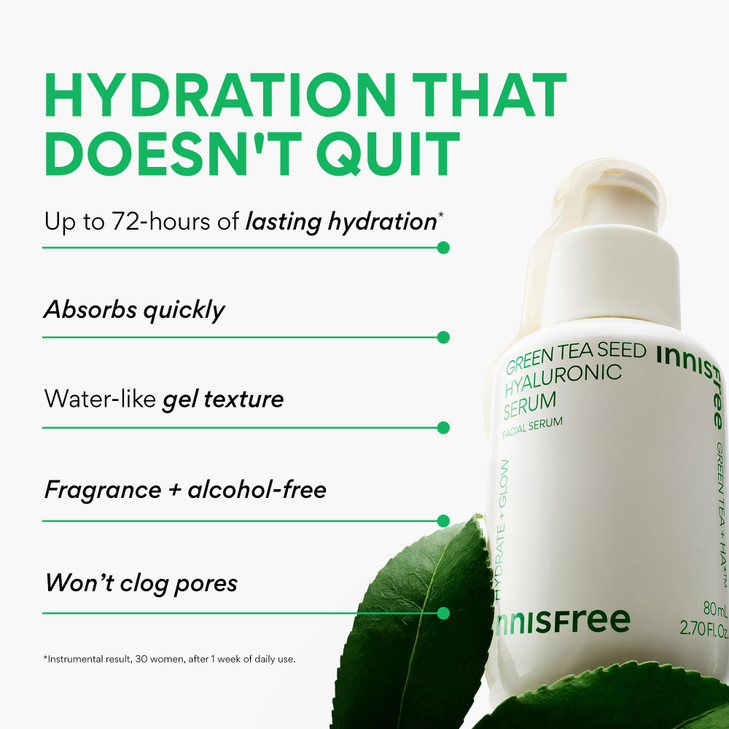 innisfree Green Tea Seed Hyaluronic Serum with Panthenol and Niacinamide Korean Face Serum for Hydration and Glow