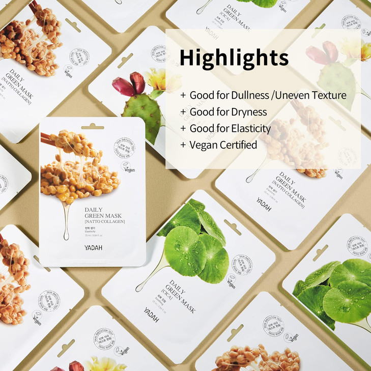 YADAH Daily Green Facial Sheet Mask Natto Collagen Pack of 5 Vegan 100 Ecofriendly Mask Sheet for Skin Elasticity