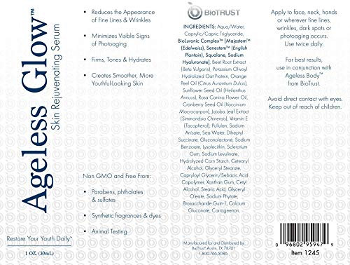BioTrust Ageless Glow Anti Aging Moisturizer Skin Brightening Serum with Vitamin C and Hyaluronic Acid PlantBased Natura