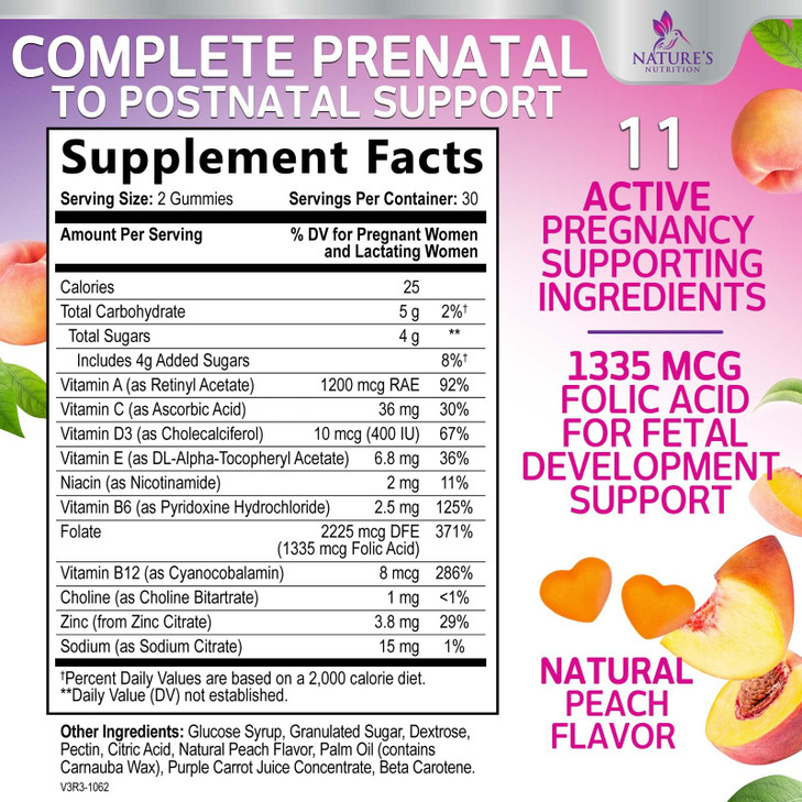 Prenatal Vitamins for Women 1335mcg - Pregnancy Vitamins Gummies with Folic Acid, Vitamin A, C, D3, B12, B6 - Prenatal Multivitamin Gummy for for Fet