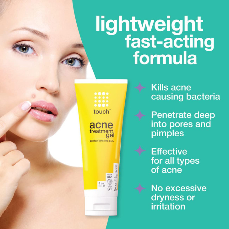 Touch Benzoyl Peroxide 25 Gel Cream For Acne Pimples and Cystic Acne Spot Daily Face and Back Medication for Adults Teen