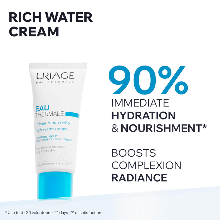 Uriage Rich Water Cream Moisturizing Face Cream with Hyaluronic Acid 24H Intense Hydration Boosts Radiance NonComedogeni
