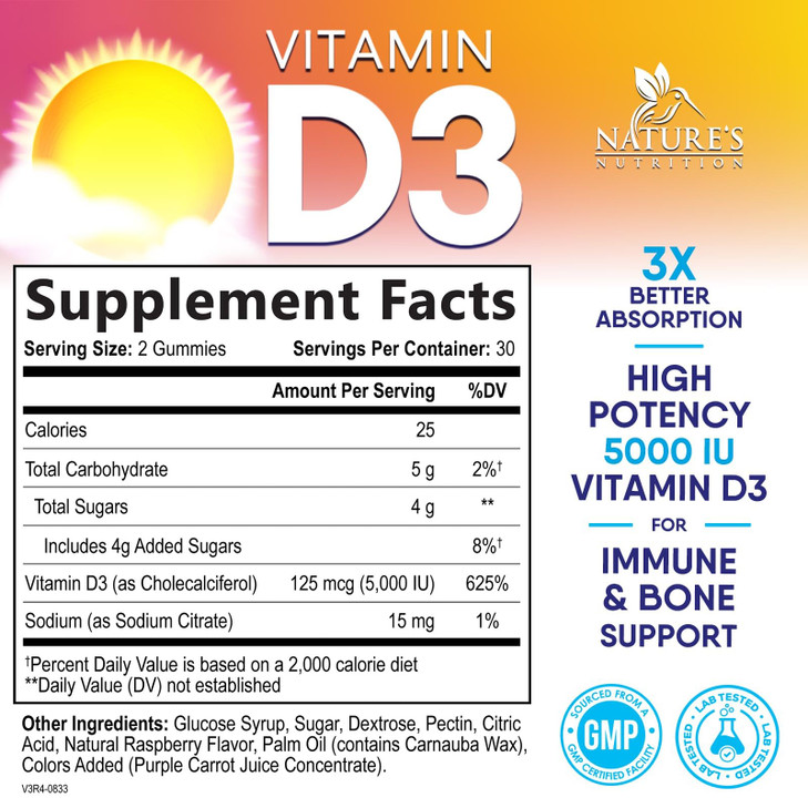 Vitamin D3 Supplement 5000 IU - High Potency D 3 Vitamin Gummy (125 mcg) - Supports Bone, Teeth, Muscle & Immune Health - Nature's Non-GMO & Gluten F online at globaldelivered