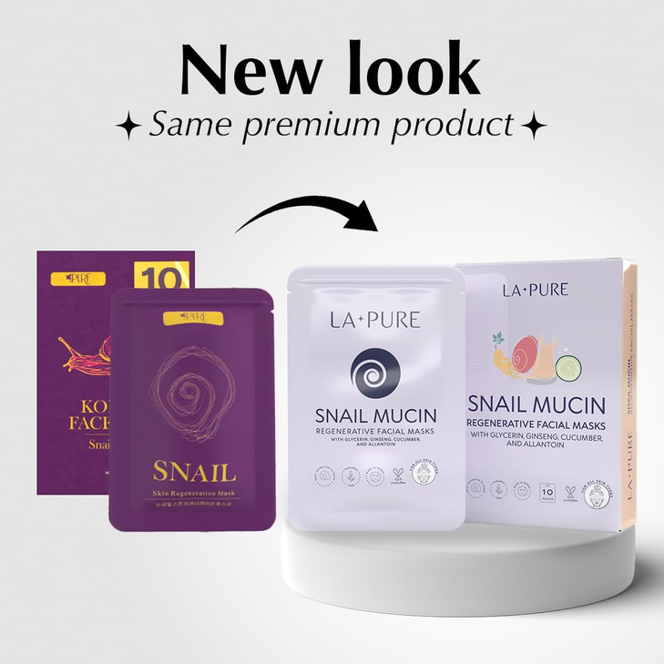 LA PURE Snail Mucin Mask 10ct Korean Sheet Mask Pack for Signs of Aging Aid Skin Repair Hydration Pure Snail Mask for Fa