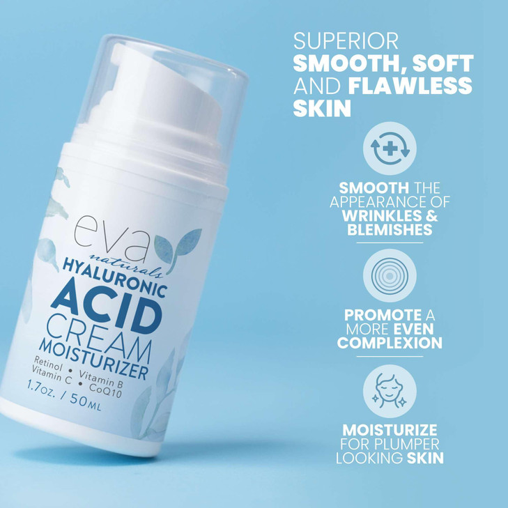 Eva Naturals Hyaluronic Acid Face Cream Deep Hydration Firming Moisturizer with Retinol Vitamin C Q10 for AntiAging Wrin