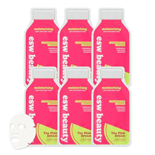 ESW Beauty The Pink Dream Moisturizing Raw Juice Face Mask 6Pack Hydrating with Watermelon Rose Water Grapefruit for Dry
