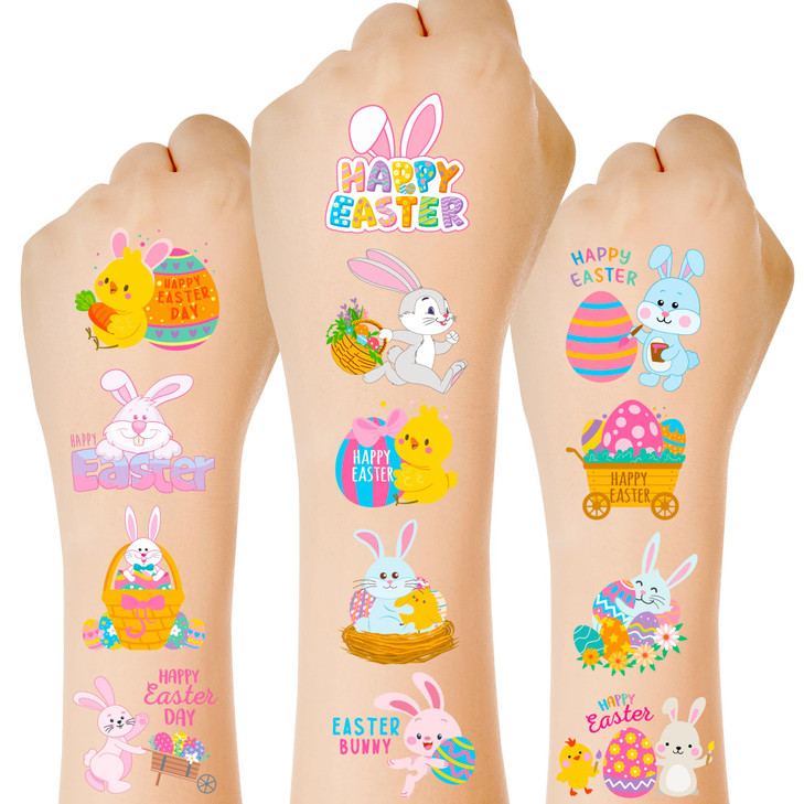 150 PCS Easter Tattoos 6 Sheets Spring Basket Stuffers Fake Tattoos with Bunny Egg Cute Individually Stickers for Easter