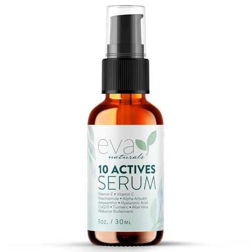 Eva Naturals 10 Actives Serum Vitamin C Niacinamide Hyaluronic Acid Turmeric CoQ10 Natural Anti Aging Face Serum for Dar