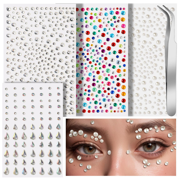 Teenitor Face Gems Self Adhesive Face Gems and Pearls for Makeup Festival Jewels for Halloween Rave Accessories Hair Gem