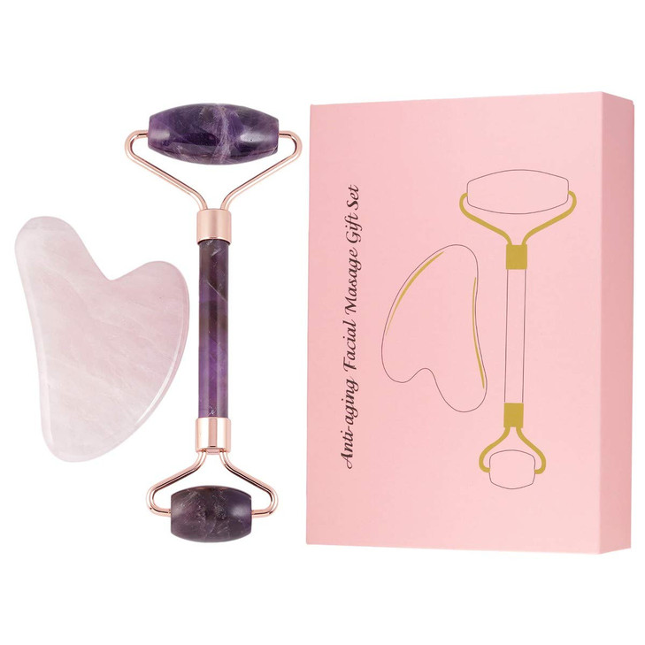 Rockcloud Natural Crystal Jade Roller and Gua Sha Scraping Set Massager Tool for Anti Aging Beauty Neck Body Reduce Wrin