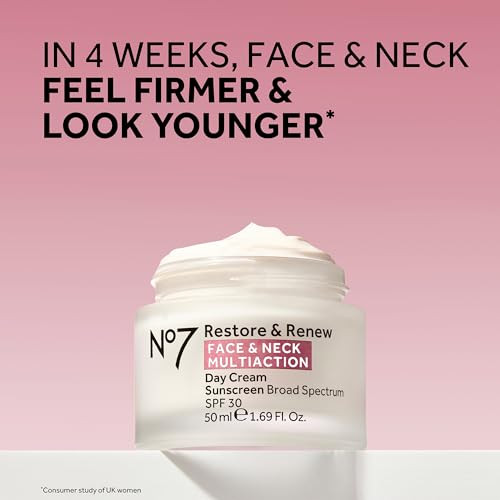 No7 Restore Renew Multi Action Face Neck SPF 30 Day Cream Firming Hydrating Face Moisturizer with Hyaluronic Acid to Hel