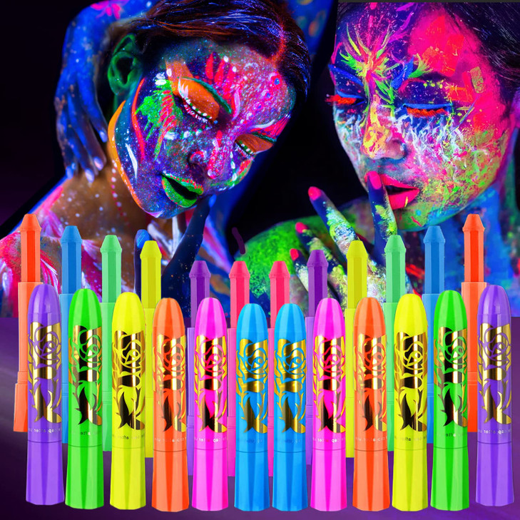 12 PCS Glow Face Body Paint Glow In The Dark Under UV Black Light Sticks Makeup Neon Face Painting Kits for Adult Hallow