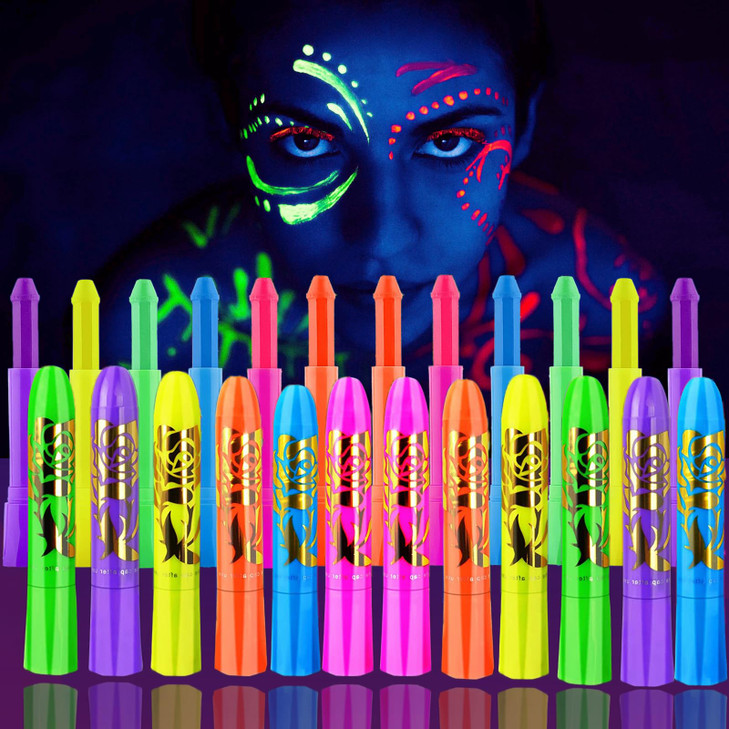 12 Pieces Glow Blacklight Face Body Paint Makeup Glow in The Dark Face Painting Kit Neon Paint Sticks for Adult Hallowee