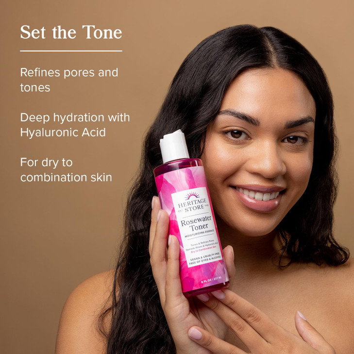 HERITAGE STORE Rosewater Facial Toner with Hyaluronic Acid Dry to Combination Skin Hydrating Toner Refines Pores Minimiz