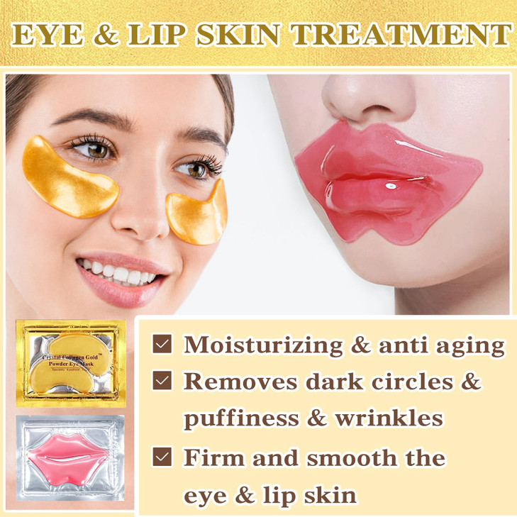 PERVALA 30PCS Lip Mask Under Eye Mask 24K Under Eye Patches for Puffy Eyes Pink Lip Masks Skincare Effectively Moisturiz