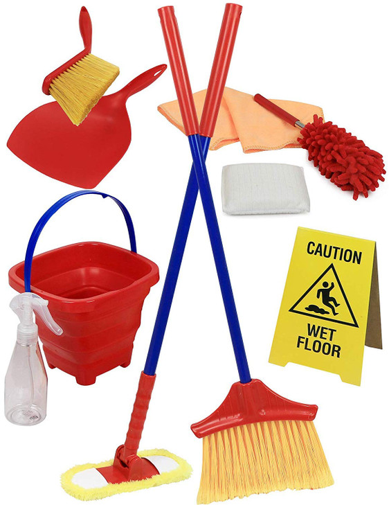 Click N Play Pretend Play Housekeeping Kids Cleaning Set for Toddlers Includes Broom Dustpan Duster Mop Collapsible Buck