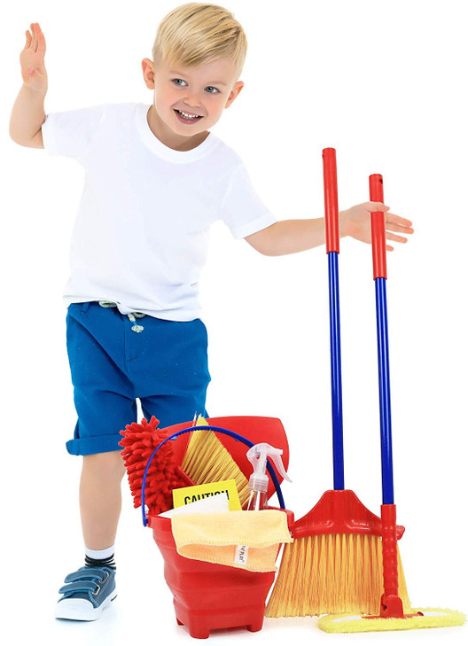 Click N Play Pretend Play Housekeeping Kids Cleaning Set for Toddlers Includes Broom Dustpan Duster Mop Collapsible Buck