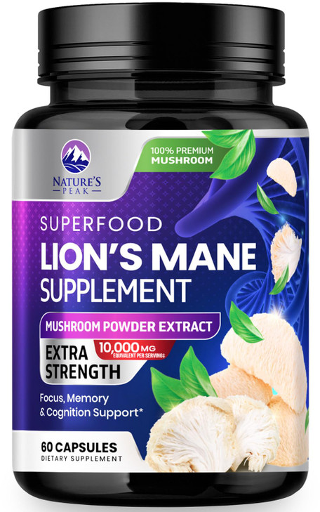 Lions Mane Supplement Capsules 10,000mg - 10:1 Extract - Extra Strength Lions Mane Mushroom - Superfood for Memory & Focus Support, Brain, Immune He
