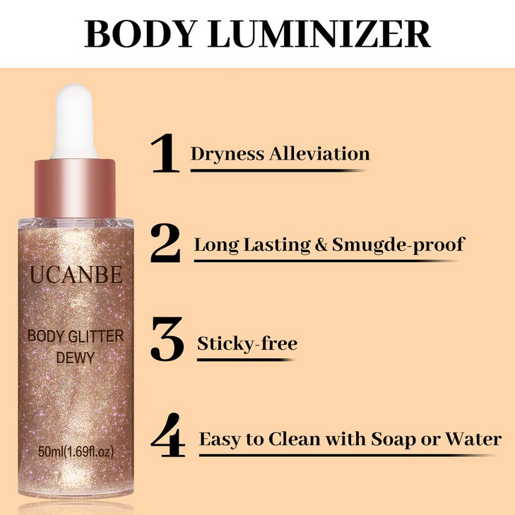 UCANBE Hydrating Body Glitter Dewy Highlighter Makeup Luminizer Drops Body Shimmer Liquid Face Glow Sparkles for Women G