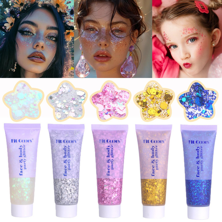Face Body Glitter Hair Glitter Sparkles Chunky Face Glitter Gel for Girls Makeup Singer Concerts Mermaid Festival Sequin