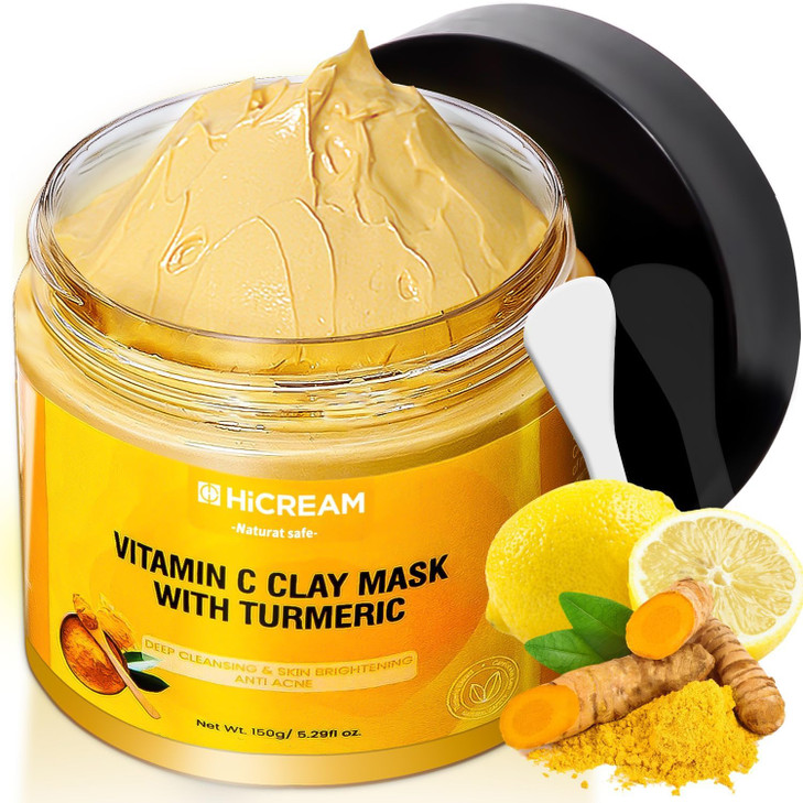Hicream Turmeric Vitamin C Clay Mask with Kaolin Clay and Turmeric for Dark Spots Dull Skin Skincare Facial Mask for Con