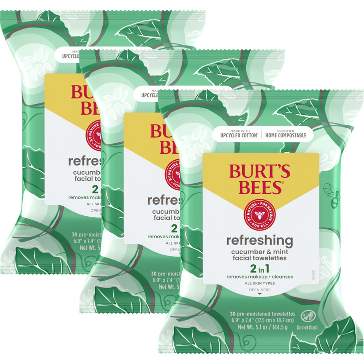 Burts Bees Cucumber Mint Face Wipes for All Skin Types Refreshing Makeup Remover Facial Cleansing Towelettes 30 Ct 3Pack