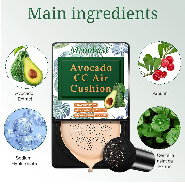 Mroobest BB Air Cushion Avocado BB Cream CC Cream AllDay Lasting Nude Makeup Foundation with Mushroom Air Cushion Even S