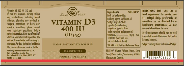 Solgar, Vitamin D3 (Cholecalciferol) 400 Iu, 100 Count online at globaldelivered