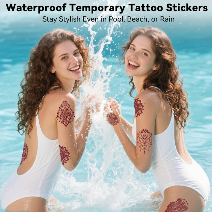 Xmasir 12 Sheets Brown Henna Tattoo Kit Waterproof Temporary Henna Tattoos Stickers for Women Wedding Party Brown