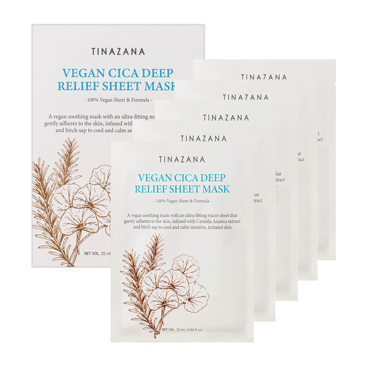 TINAZANA Vegan Cica Deep Relief Sheet Mask Soothing Hydrating pH 52 Mask Birch Sap Centella Asiatica Biodegradable Micro