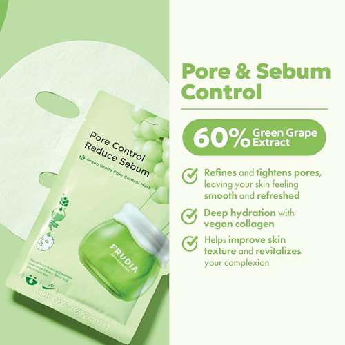 FRUDIA Green Grape Pore Control Face Mask Sheets 10 Pack Korean Face Masks with 60 Green Grape Extract Tannin Pore Compl