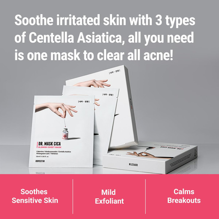 ROVECTIN Dr Mask Cica Blemish Sheet Mask Calming Soothing Face Mask Helps Reduce the Look of Blemishes Hydrates Comfort