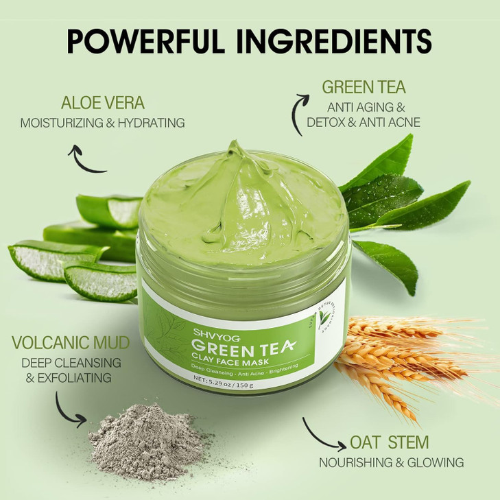 SHVYOG Green Tea Face Mask Antioxidant Green Tea Clay Mask with Volcanic Mud Deep Cleansing Moisturizing Hydrating Clay