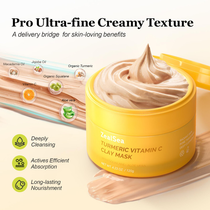 ZealSea Vitamin C American Kaolin Clay Mask with Turmeric Pro UltraFine Creamy Texture Deep Pore Cleansing Even Skin Ton