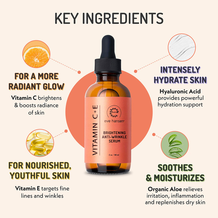 Eve Hansen Vitamin C Serum for Face Facial Serum with Hyaluronic Acid Vitamin E and Aloe Vera 2 oz for softer smoother a
